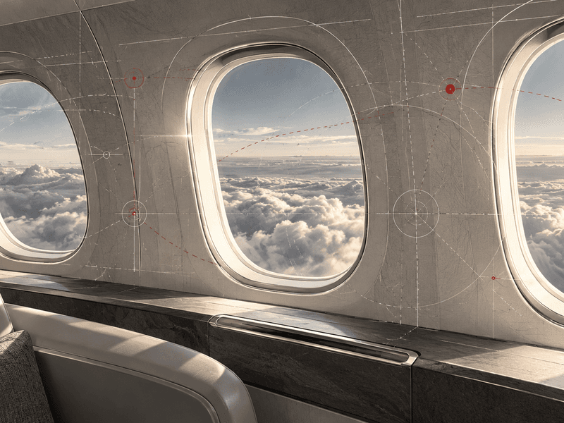 Conceptual illustration of aircraft cabin windows and a cloud horizon with fine engineering lines.