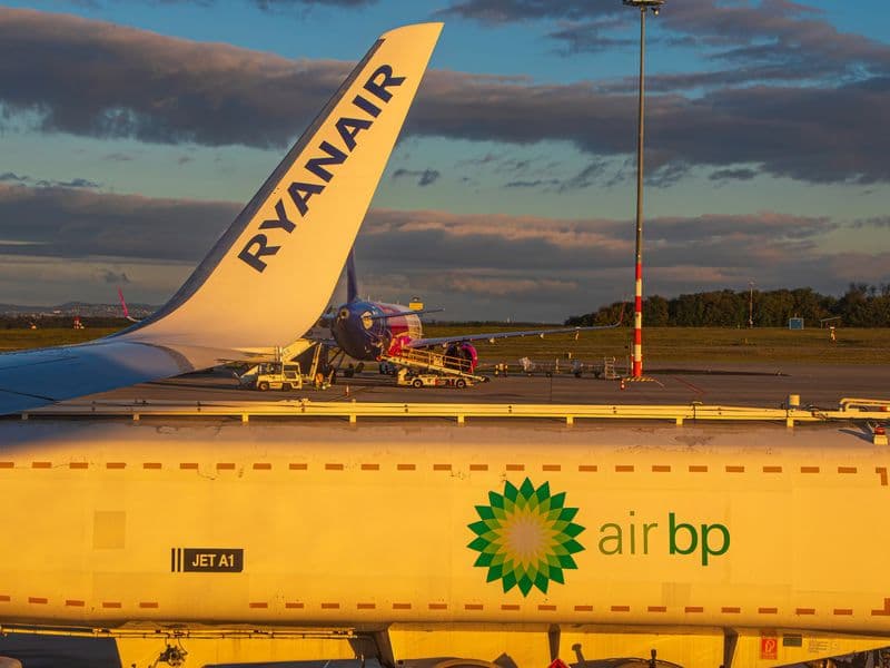 Jet A-1 refuelling tanker on an airport apron at sunset